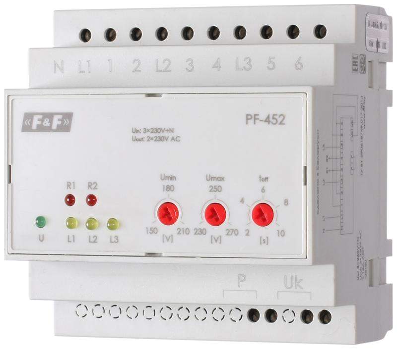 переключатель фаз pf-452 (два выхода для питания нагрузки; с регулируемыми верхними (230-260) и нижними (150-210) значениями напряжения переключения; монтаж на din-рейке 35мм 3х400/230+n 6х16a ip20) f&f ea04.005.004 от BTSprom.by