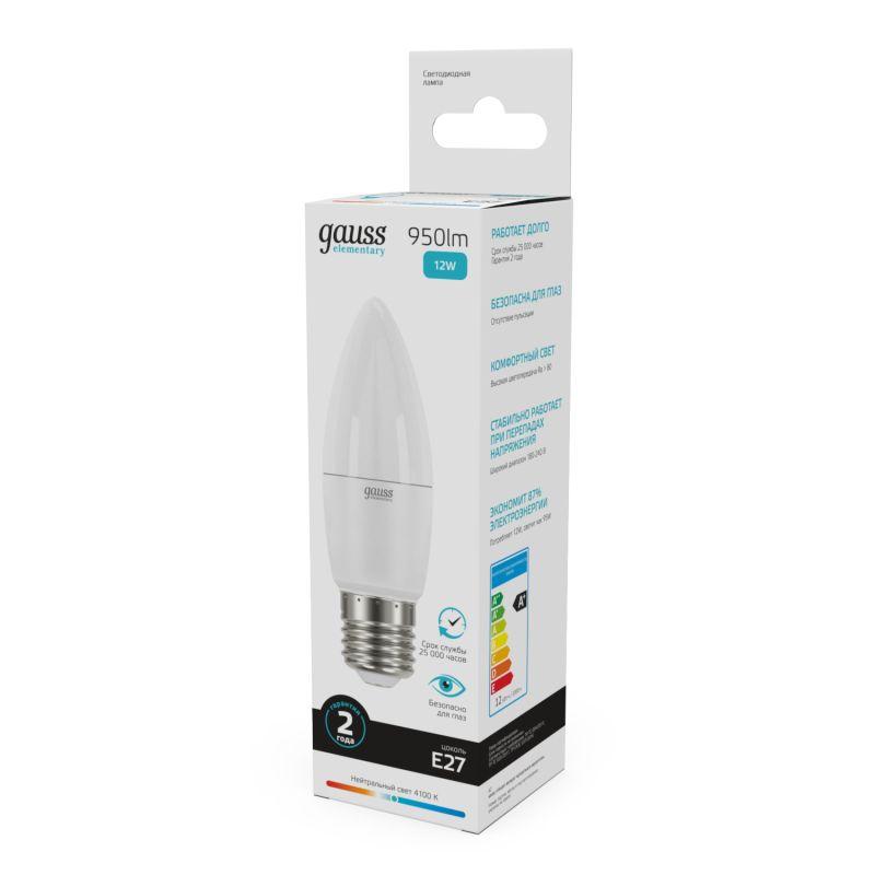 Лампа светодиодная Elementary 12Вт свеча 4100К нейтр. бел. E27 950лм GAUSS 30222 фото в каталоге от BTSprom.by