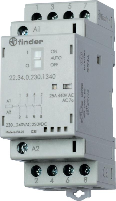 контактор модульный 4no 25а agsno2 230в ac/dc 35мм ip20 опции: переключатель авто-вкл-выкл + мех. индикатор + led finder 223402304340 от BTSprom.by