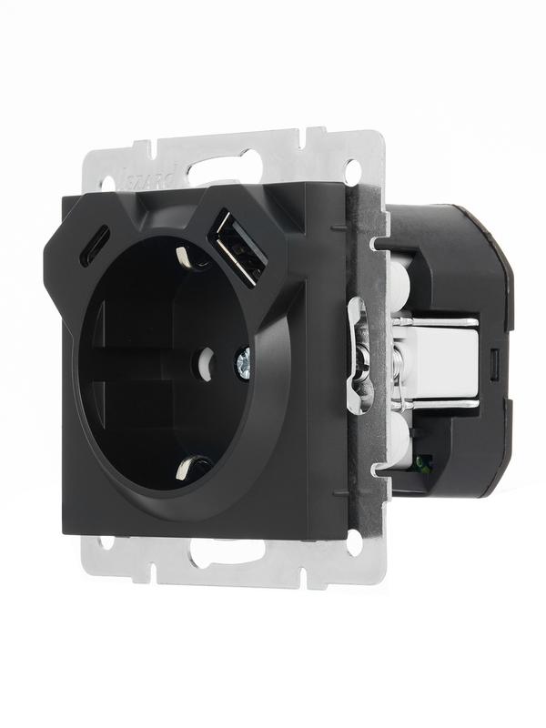  Розетка 1-м СП Vesna с заземл. с заряд. устройством USB + тип C механизм черн. бархат LEZARD 742-4288-181TC фото в каталоге от BTSprom.by
