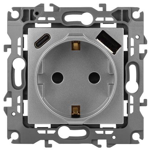 розетка эра12 12-4108-03 16а 250в 2p+e с usb type-a+c 5в-3а защ. шторки алюм. эра б0067716 от BTSprom.by