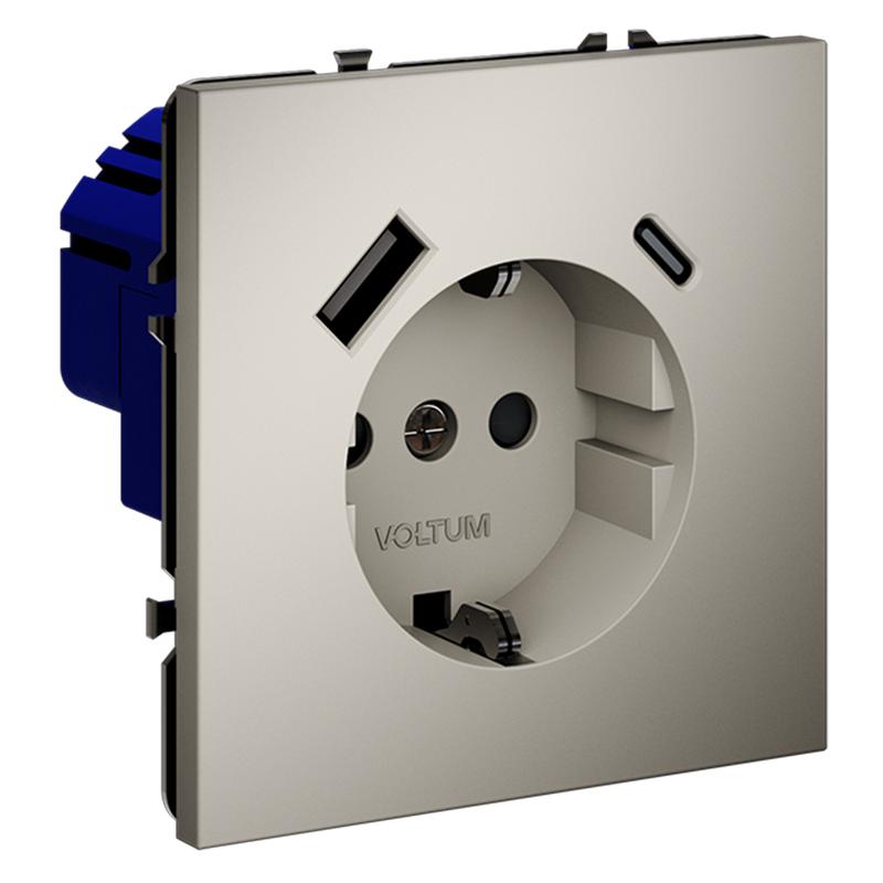  Розетка 1-м СП S70 16А с USB A+С с заземл. защ. шторки механизм кашемир Voltum VLS040503 фото в каталоге от BTSprom.by
