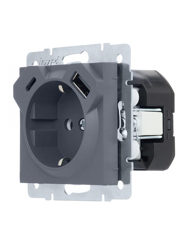  Розетка Vesna с заземл. TC+USB разъем графит LEZARD 742-3488-181TC фото в каталоге от BTSprom.by