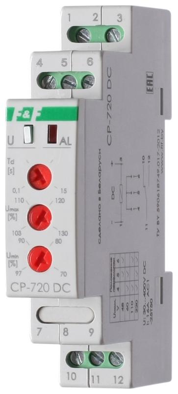 реле напряжения cp-720dc (однофазное; контроль верхнего и нижнего значений напряжения; выбор напряжения контролир. сети; 1 модуль 30-400в dc 16а 1no/nc ip20) f&f ea04.009.012 от BTSprom.by