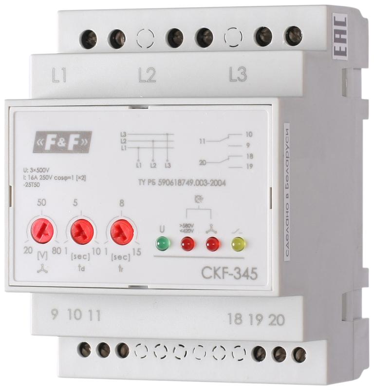 реле контроля фаз для сетей с изолированной нейтралью ckf-345 (монтаж на din-рейке 35мм; регулировка порога отключения; контроль чередования фаз; 3х500в 2х8а 1х2p ip20) f&f ea04.004.001 от BTSprom.by