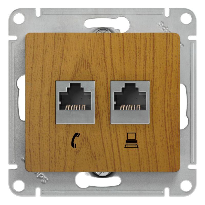 розетка компьютерная + телефонная 2-м сп glossa rj45 + rj11 кат.5e механизм дерево дуб se gsl000585 от BTSprom.by