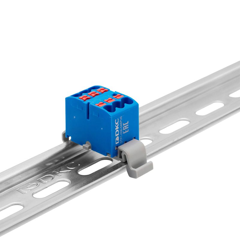 блок распределительный с горизонт. адаптером на рейку шир. 35мм зажим push-in 6 точек подключения 2.5кв.мм син. dkc dtp1-006-04spub-h от BTSprom.by