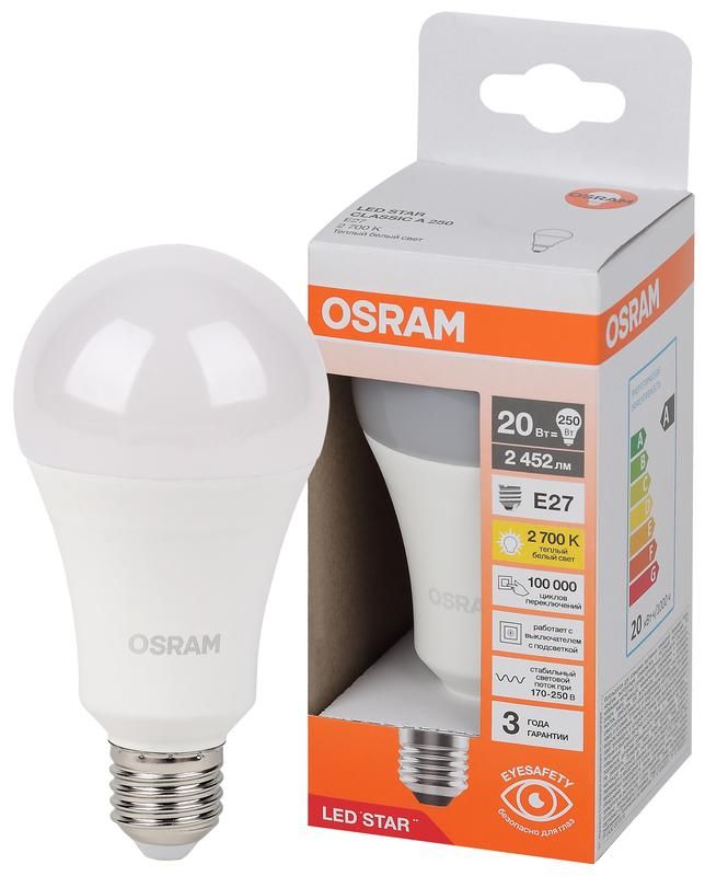 лампа светодиодная lscla250 20w/827 230vfr led star 20вт 2700к тепл. бел. e27 2452лм a угол пучка 180град. 170-250в (замена 250вт) матов. пластик osram 4058075695474 от BTSprom.by