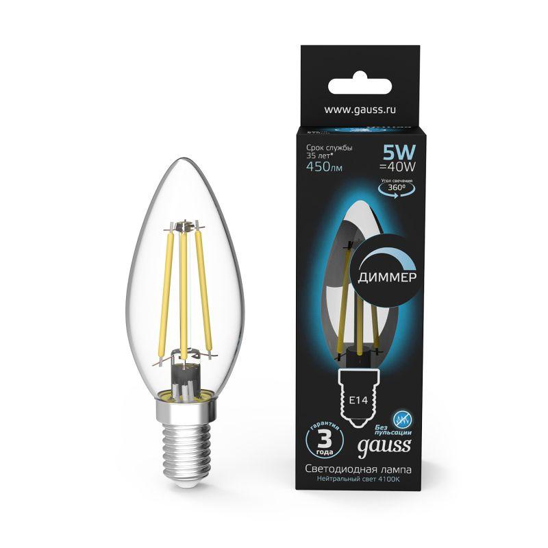 лампа светодиодная филаментная black filament 5вт свеча 4100к нейтр. бел. e14 450лм диммир. gauss 103801205-d от BTSprom.by