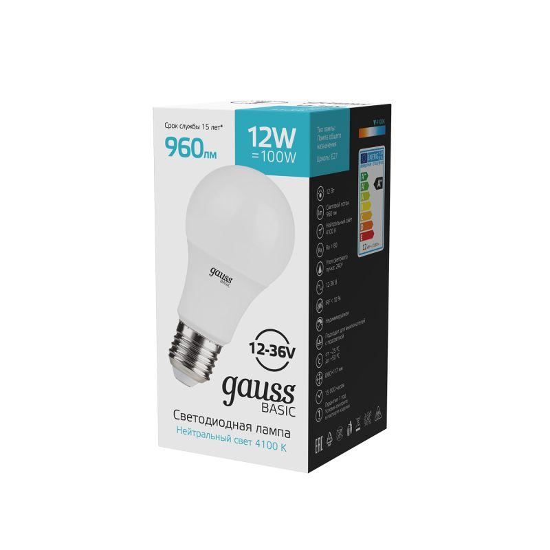 Лампа светодиодная Basic 12Вт A60 грушевидная 4100К нейтр. бел. E27 960лм 12-36В AC/DC GAUSS 202402212 фото в каталоге от BTSprom.by