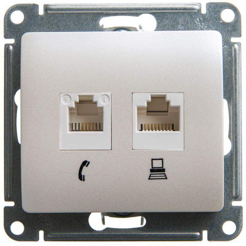 розетка компьютерная + телефонная 2-м сп glossa rj45 + rj11 кат.5e механизм перламутр se gsl000685 от BTSprom.by