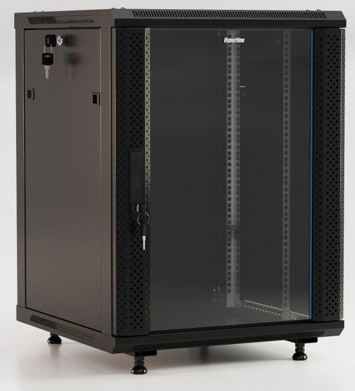 шкаф настенный twb-fc-1545-gp-ral9004 19дюйм. 15u 775х600х450мм стекл. дверь с перфорацией по бокам ручка с замком с возмож. установки на ножки черн. (разобранный) hyperline 395537 от BTSprom.by