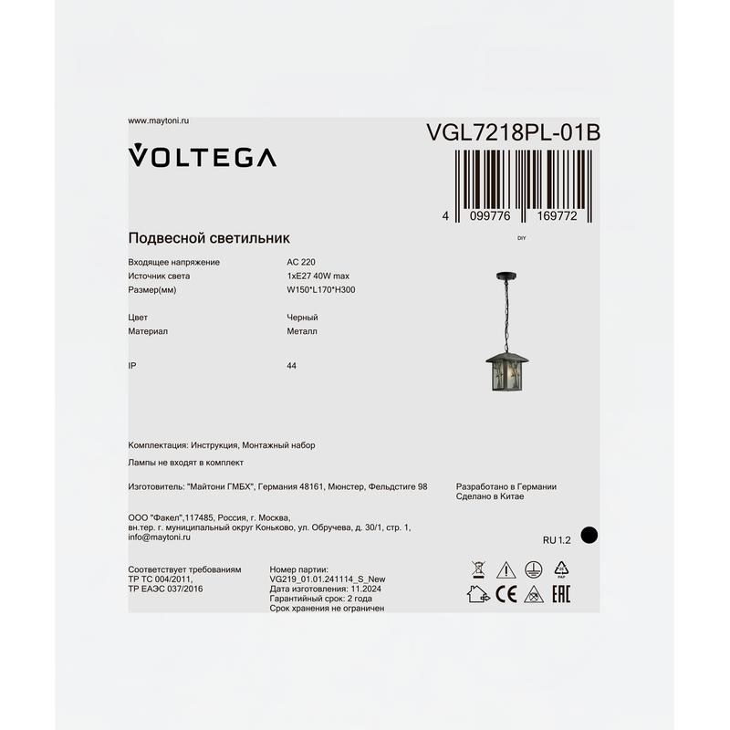  Светильник Saga 1х40Вт E27 IP44 подвесной Voltega VGL7218PL-01B фото в каталоге от BTSprom.by