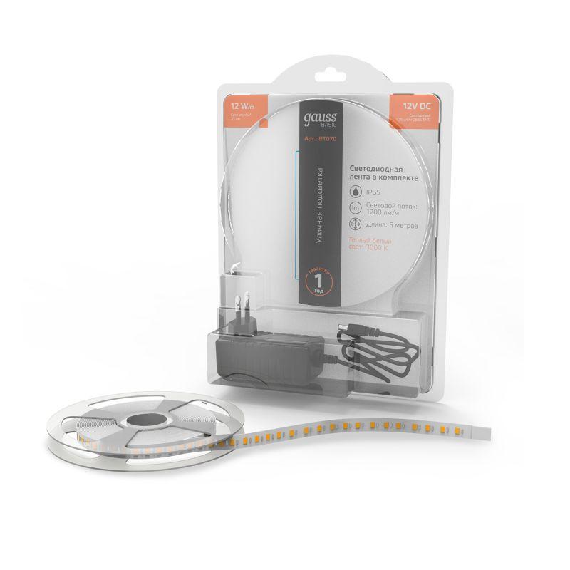  Лента светодиодная Basic 2835/120-SMD 12Вт 3000К тепл. бел. IP65 1200лм/м 12В 8мм драйвер (уп.5м) GAUSS BT070 фото в каталоге от BTSprom.by
