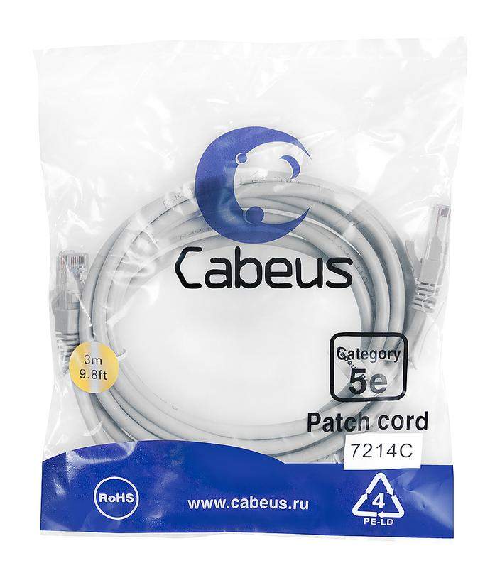 патч-корд u/utp pc-utp-rj45-cat.5e-3m 2xrj45/8p8c кат.5e неэкранир. pvc 3м сер. cabeus 7214c от BTSprom.by