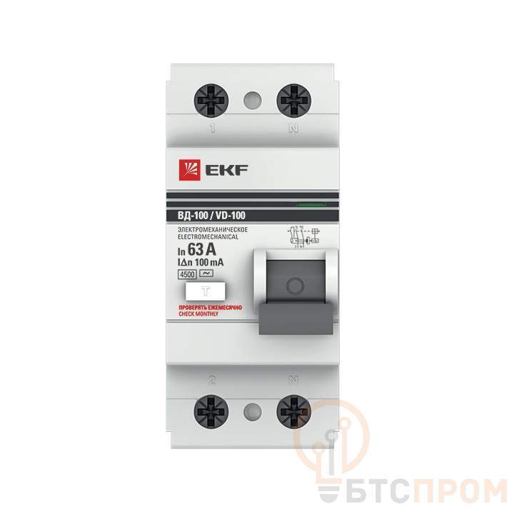  Выключатель дифференциального тока (УЗО) 2п 63А 100мА тип AC ВД-100 (электромех.) PROxima EKF elcb-2-63-100-em-pro фото в каталоге от BTSprom.by