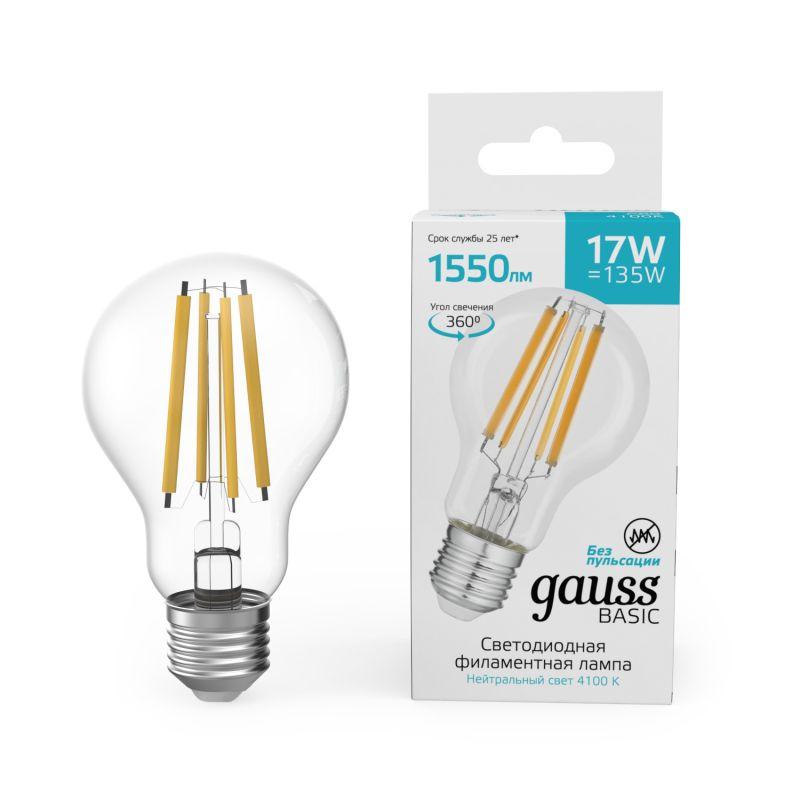 лампа светодиодная филаментная basic filament а60 17вт 4100к е27 1550лм gauss 10212272 от BTSprom.by
