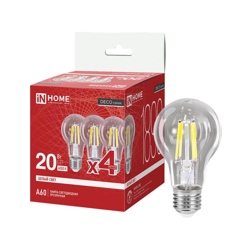 лампа светодиодная led-a60-deco 4pack 20вт прозрачная 4000к e27 1890лм 230в (уп.4шт) in home 4690612063232 от BTSprom.by