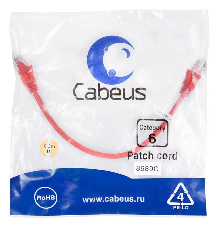 патч-корд кат.6 u/utp неэкранир. 2хrj45/8p8c pvc pc-utp-rj45-cat.6-0.3m-rd 0.3м красн. cabeus 8689c от BTSprom.by