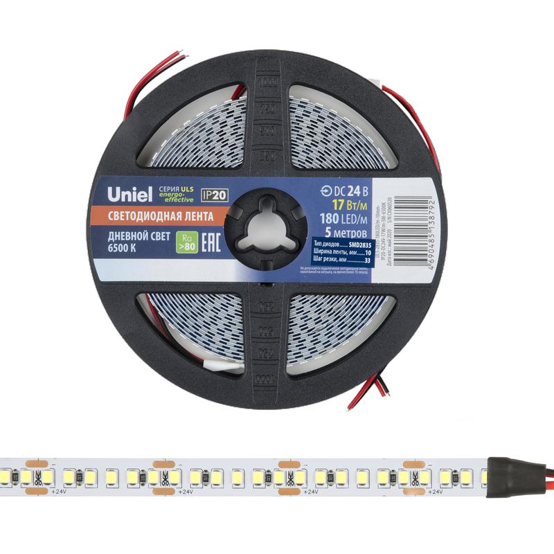 лента светодиодная uls-2835-180led/m-10mm-ip20-dc24v-17w/m-5m-6500k 17вт/м 180led/м 6500к холод. бел. ip20 24в dc 10мм гибкая на самоклеящейся основе герметичн. упак. (уп.5м) uniel ul-00007644 от BTSprom.by