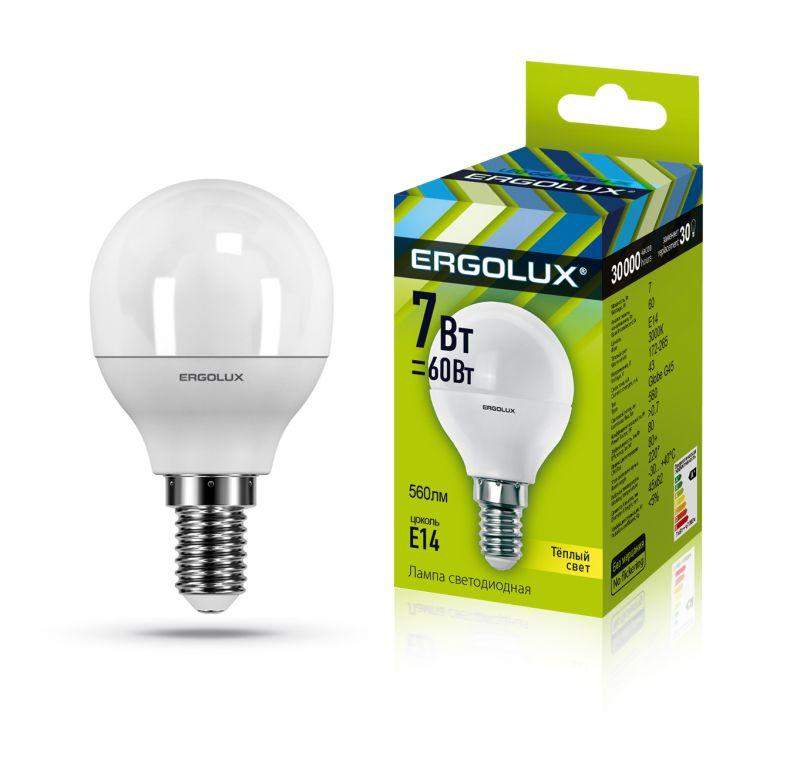 лампа светодиодная led-g45-7w-e14-3000k 172-265в "шар" ergolux 12142 от BTSprom.by