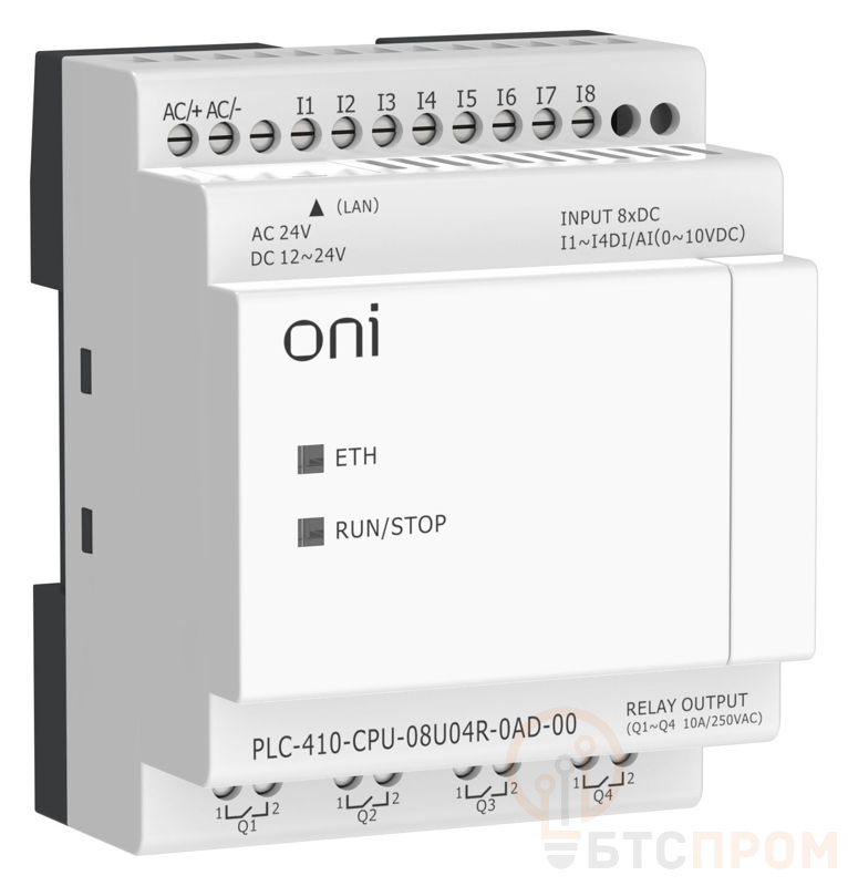 Модуль ЦПУ ПЛК 410 4 DI 4 UI (0-10 В/DI) 4 RO 12В-24В DC или 24В AC с Ethernet портом без экрана ONI PLC-410-CPU-08U04R-0AD-00 фото в каталоге от BTSprom.by