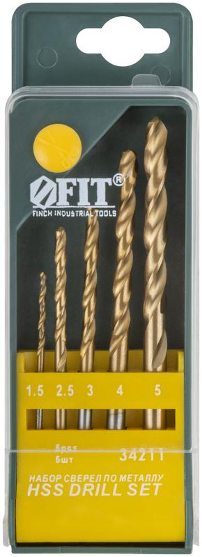 Набор сверл HSS по металлу титановое покрытие 5шт (1.5-2.5-3-4-5мм) FIT 34211 фото в каталоге от BTSprom.by