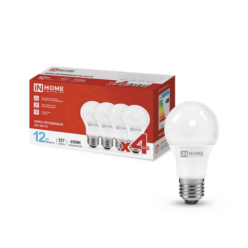 лампа светодиодная led-a60-vc 4pack 12вт 230в e27 6500к 1140лм (уп.4шт) in home 4690612047676 от BTSprom.by