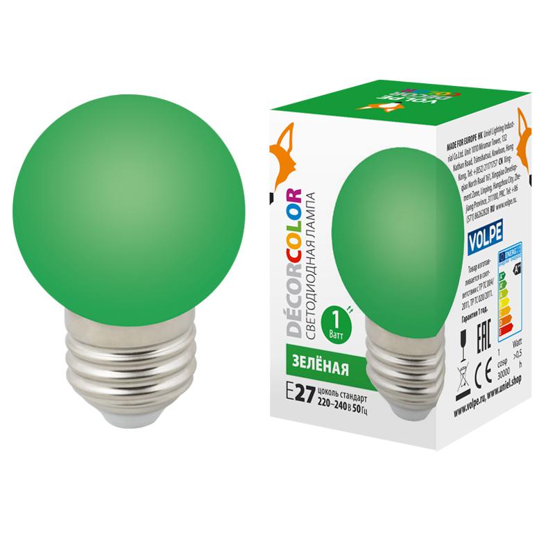лампа светодиодная led-g45-1w/green/e27/fr/с 1вт шар матовая зел. e27 декоративная (упак. картон) volpe ul-00005648 от BTSprom.by