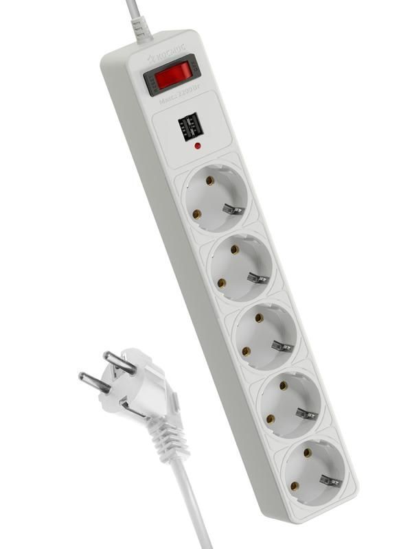 удлинитель с сетевым фильтром 5х3м с заземл. 10а ip20 2.2квт 2хusb 3х0.75 с предохранителем космос fksm3m-5g(w)usb от BTSprom.by