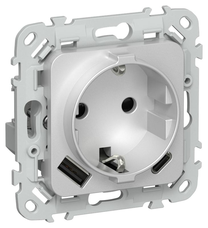 розетка 1-м сп flite рсюшс11-1-фла 16а с usb a+c 20вт с заземл. с защ. шторками безвинтовое крепление механизм алюм. iek fi-r14-16-1-u22-020-k47 от BTSprom.by