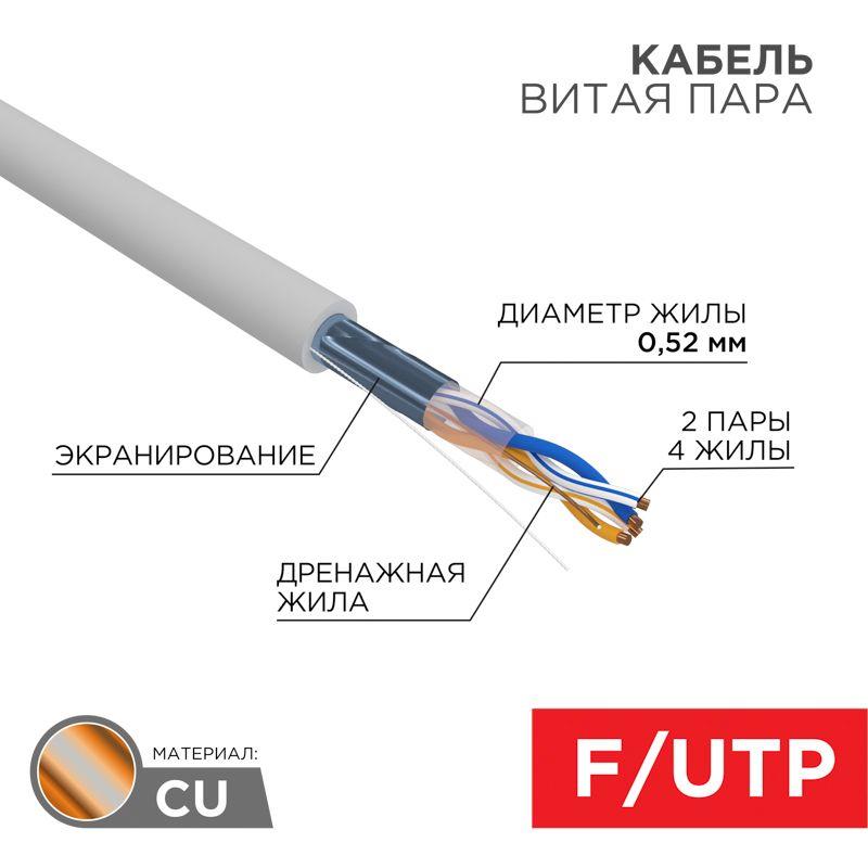 кабель витая пара f/utp кат.5e 2х2х0.52 24awg solid zh нг(а)-hf indoor сер. (305м) pro rexant 02-0022 от BTSprom.by