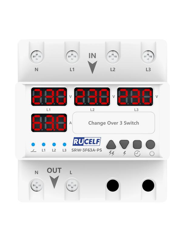  Реле напряжения с выбором фаз 3в1 с автоматическим переключателем RUCELF SRW-3F63A-PS фото в каталоге от BTSprom.by