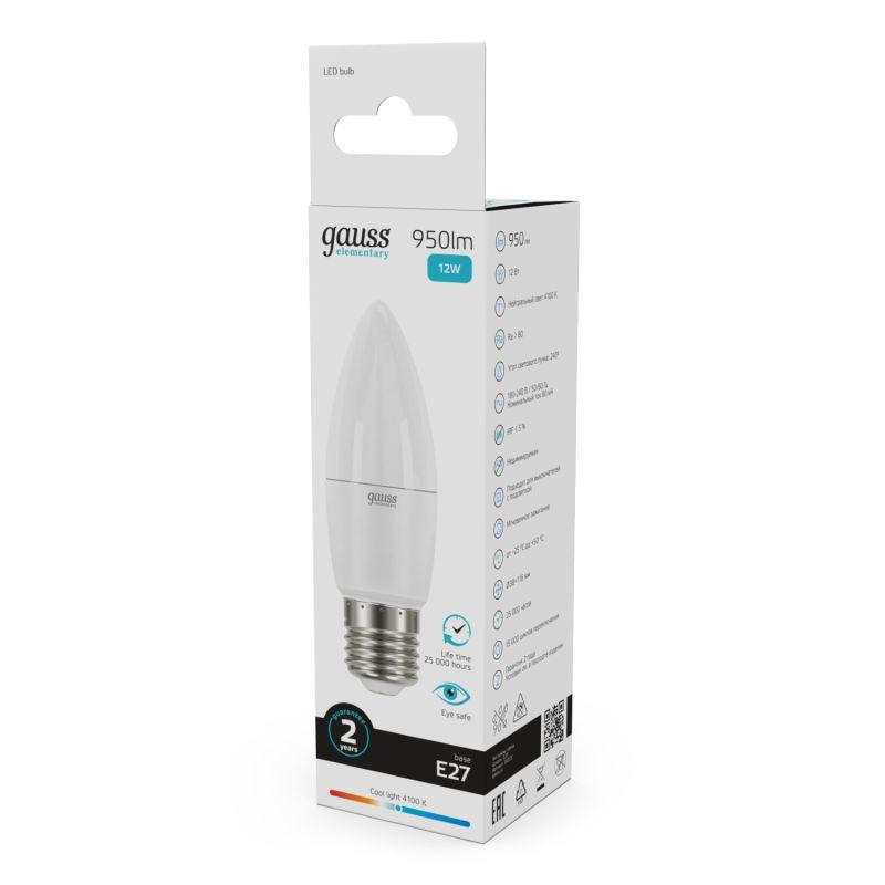 Лампа светодиодная Elementary 12Вт свеча 4100К нейтр. бел. E27 950лм GAUSS 30222 фото в каталоге от BTSprom.by
