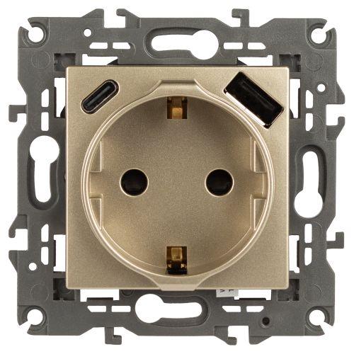 розетка 1-м сп elegance 14-4108-04 16а 250в 2p+e с usb type-a+c 5в-3а защ. шторки шампань эра б0067740 от BTSprom.by