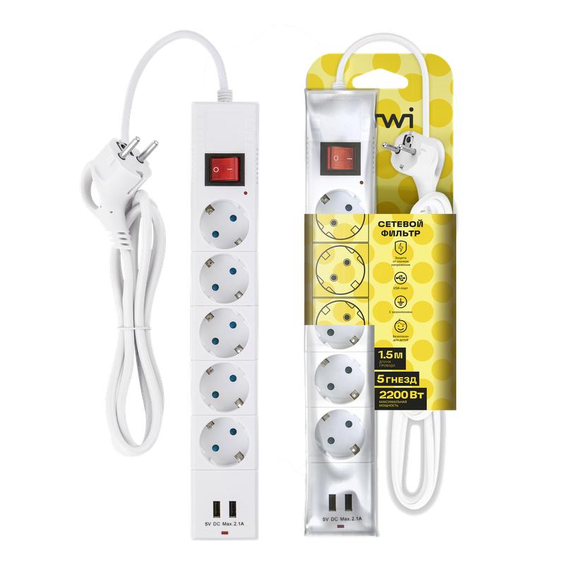фильтр сетевой 5х1.5м с/з со шторками пвс 3 ip075 2usb 2200вт 10а бел. duwi 32590 1 от BTSprom.by
