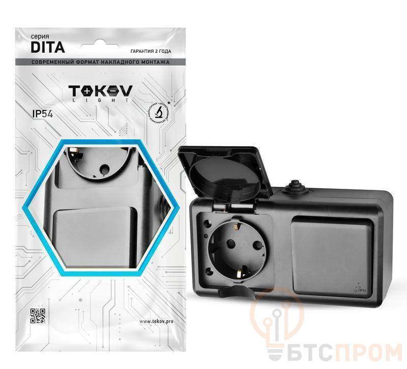  Блок ОП Dita (розетка 16А 250В с заземл. + 1-кл. выкл. 10А) IP54 карбон TOKOV ELECTRIC TKL-DT-V1RZ-C14-IP54 фото в каталоге от BTSprom.by