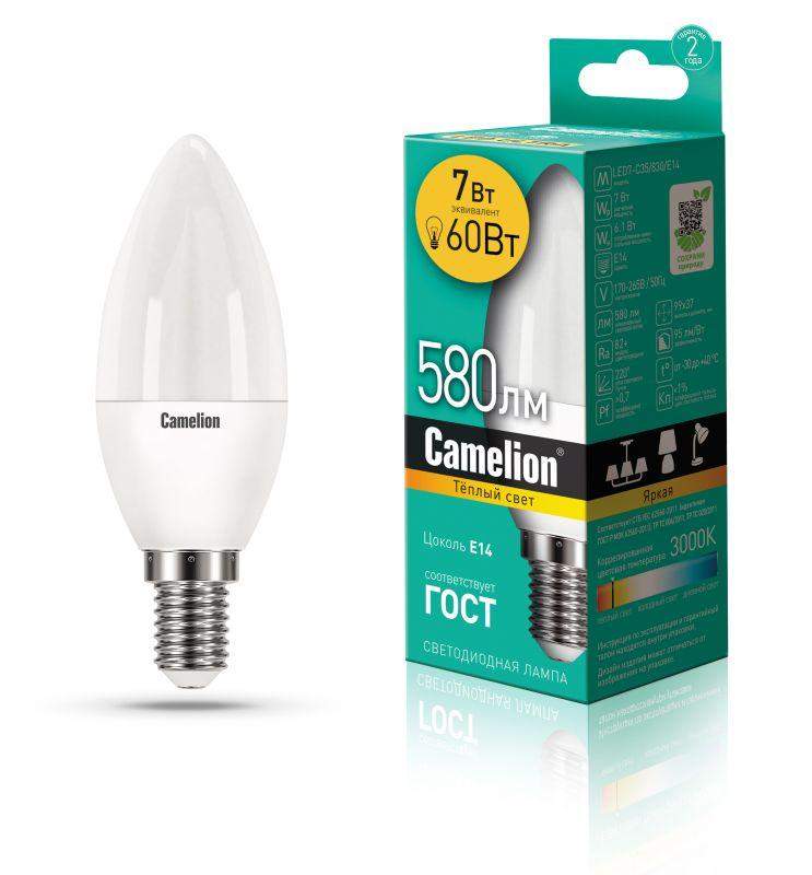 лампа светодиодная led7-c35/830/e14 7вт свеча 3000к тепл. бел. e14 530лм 220-240в camelion 12073 от BTSprom.by