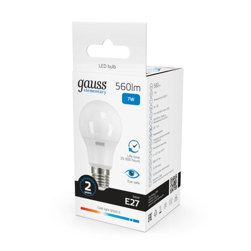Лампа светодиодная Elementary 7Вт A60 грушевидная 6500К холод. бел. E27 560лм GAUSS 23237A фото в каталоге от BTSprom.by