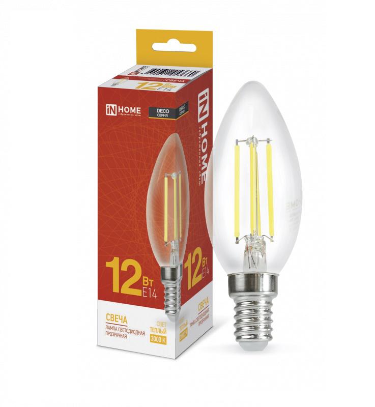 лампа светодиодная led-свеча-deco 12вт 230в e14 3000к 1350лм прозрачная in home 4690612053660 от BTSprom.by