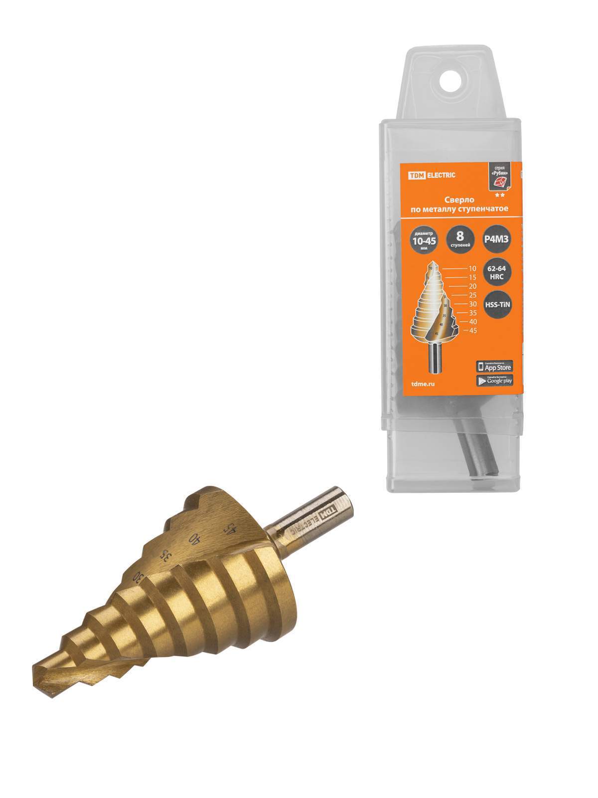 сверло по металлу ступенчатое, 10-45 мм, 8 ступеней, нитрид., hss, цилиндр. хв., "рубин" tdm от BTSprom.by