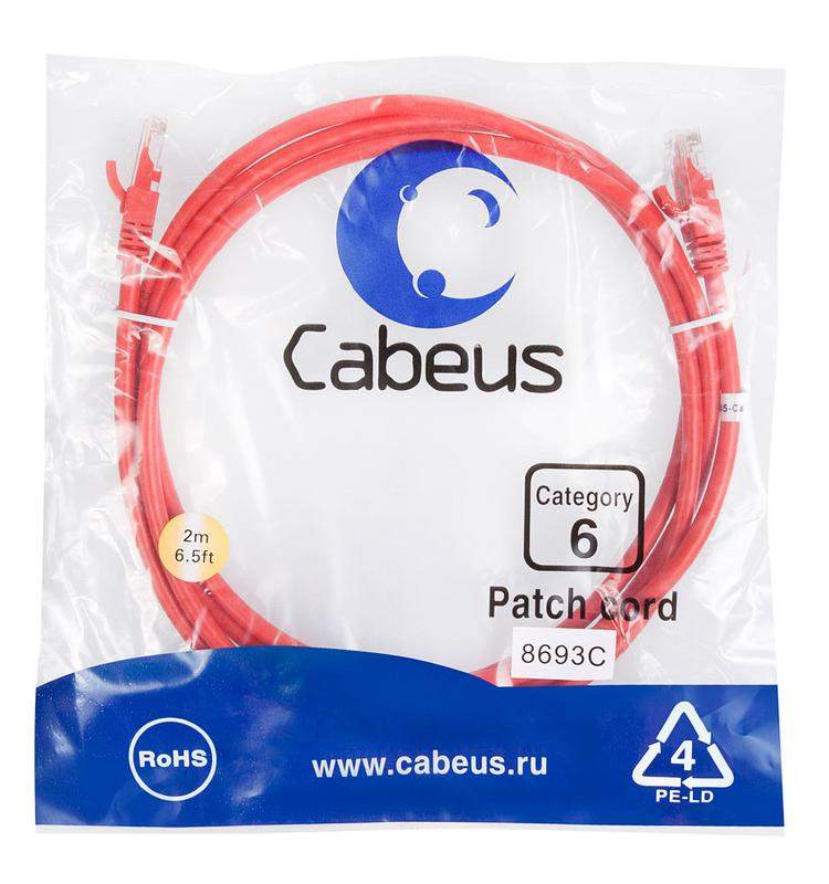 патч-корд u/utp кат.6 pc-utp-rj45-cat.6-2m-rd 2xrj45/8p8c неэкранир. pvc 2м красн. cabeus 8693c от BTSprom.by