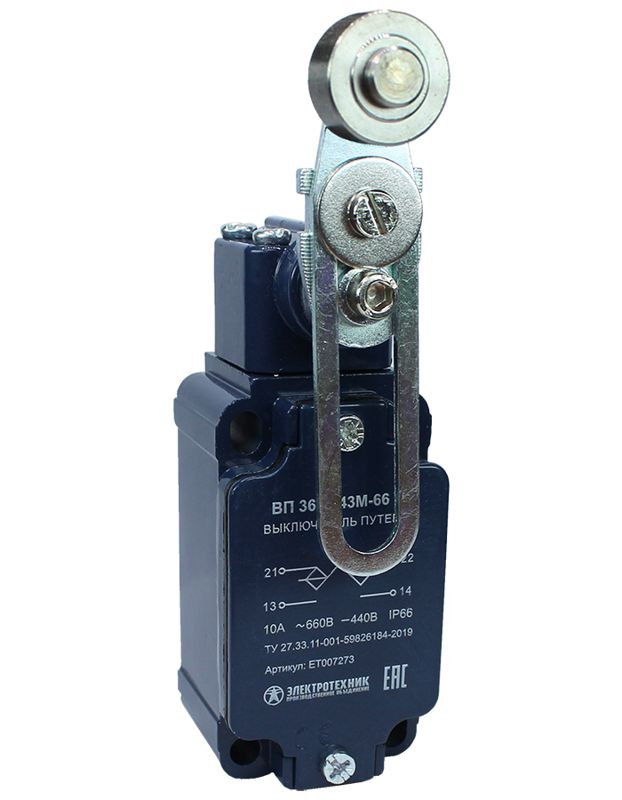 выключатель путевой вп 36-2543м-66 у2 1но+1нз 3а ip66 рычаг со стальным роликом регулир. по длине инерционный 30х60мм без сальника электротехник et007273 от BTSprom.by