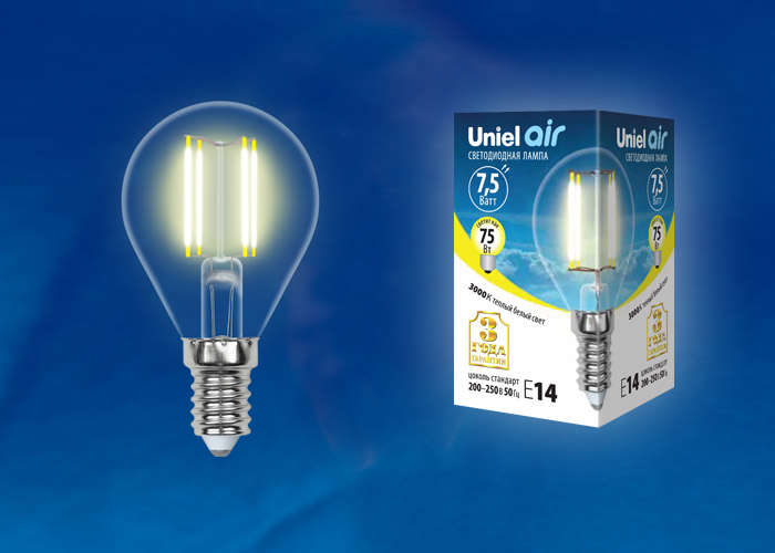 лампа светодиодная led-g45-7.5вт/ww/e14/cl gla01tr прозр. uniel ul-00003250 от BTSprom.by