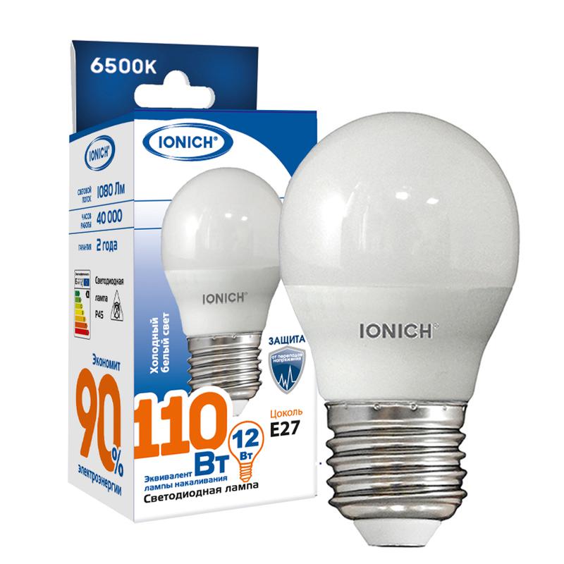 лампа светодиодная g45 12вт шар 6500к e27 1080лм 230в ionich 1629 от BTSprom.by