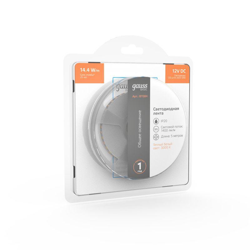  Лента светодиодная Basic 2835/120-SMD 14.4Вт/м 3000К тепл. бел. IP20 1400лм/м 12В 8мм (уп.5м) GAUSS BT084 фото в каталоге от BTSprom.by