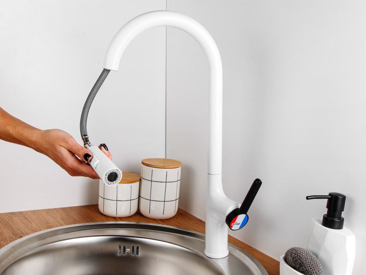  Смеситель для кухни (Lt) D35, серия Rose белый + черный, a-five (J-излив: длина 208 мм, высота 285 мм, вытягивающийся двухрежимный) A5-0925 фото в каталоге от BTSprom.by