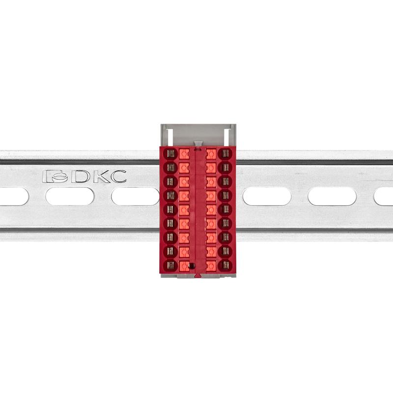  Блок распределительный с вертикал. адаптером на рейки шир. 15/35мм зажим push-in 18 точек подключения 2.5кв.мм красн. DKC DTP1-018-04SPUR-V фото в каталоге от BTSprom.by