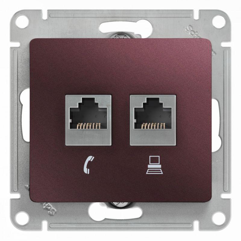 розетка компьютерная + телефонная 2-м glossa rj45 + rj11 кат.5e механизм баклажан. se gsl001185 от BTSprom.by