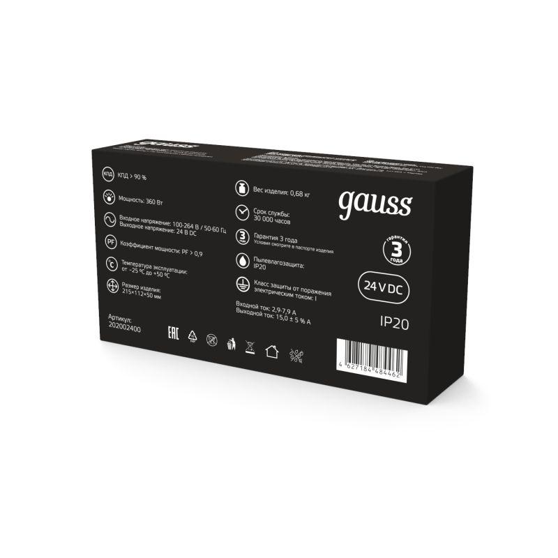  Блок питания для светодиодной ленты Black 360Вт 24В IP20 (драйвер) GAUSS 202002400 фото в каталоге от BTSprom.by